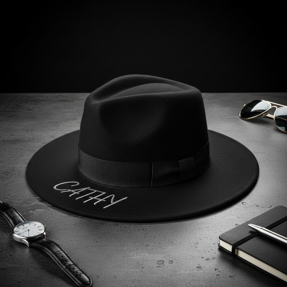 Black CATHY logo fedora hat flat lay