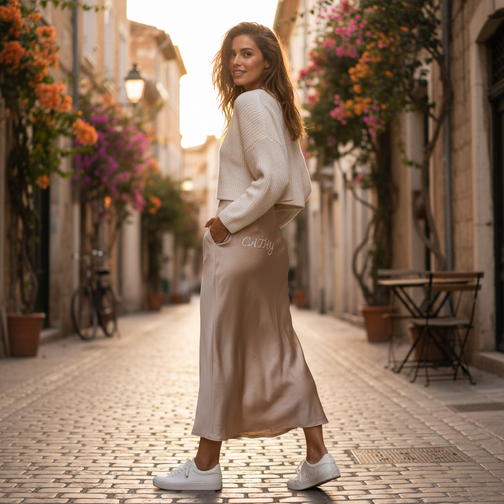 Beige CATHY satin slip skirt lifestyle photo