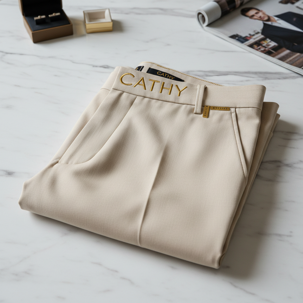 Cream beige CATHY tailored trousers on marble surface