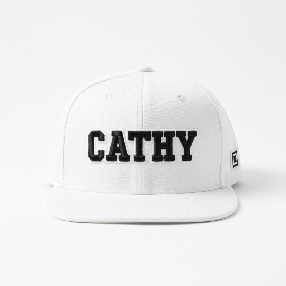 White CATHY logo snapback cap flat lay