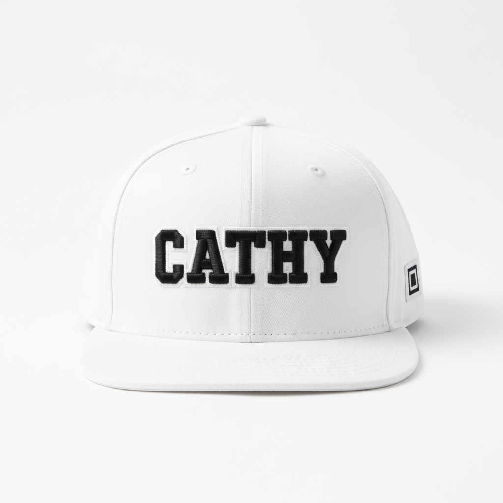 White CATHY logo snapback cap flat lay