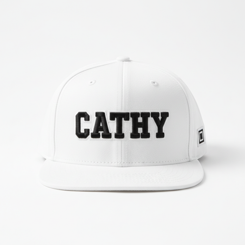 White CATHY logo snapback cap flat lay