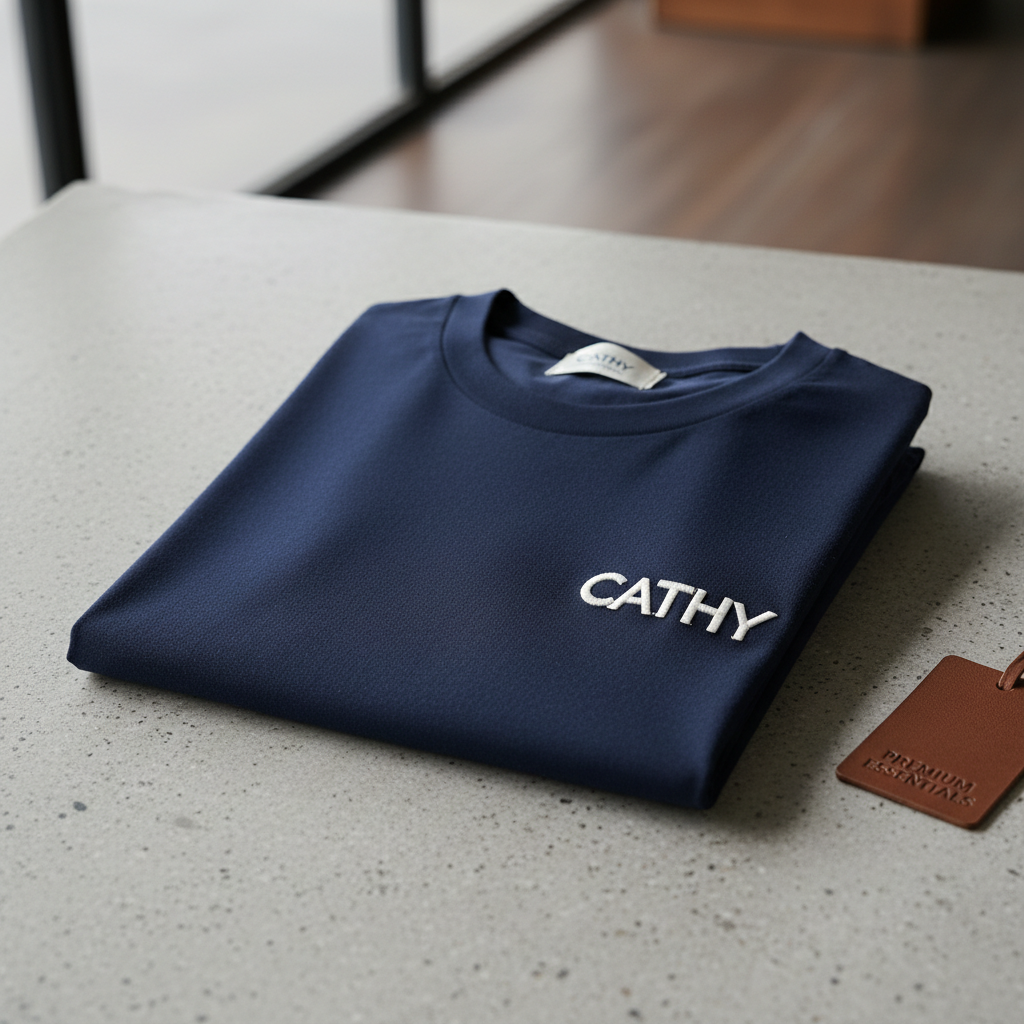 Navy blue CATHY logo t-shirt folded