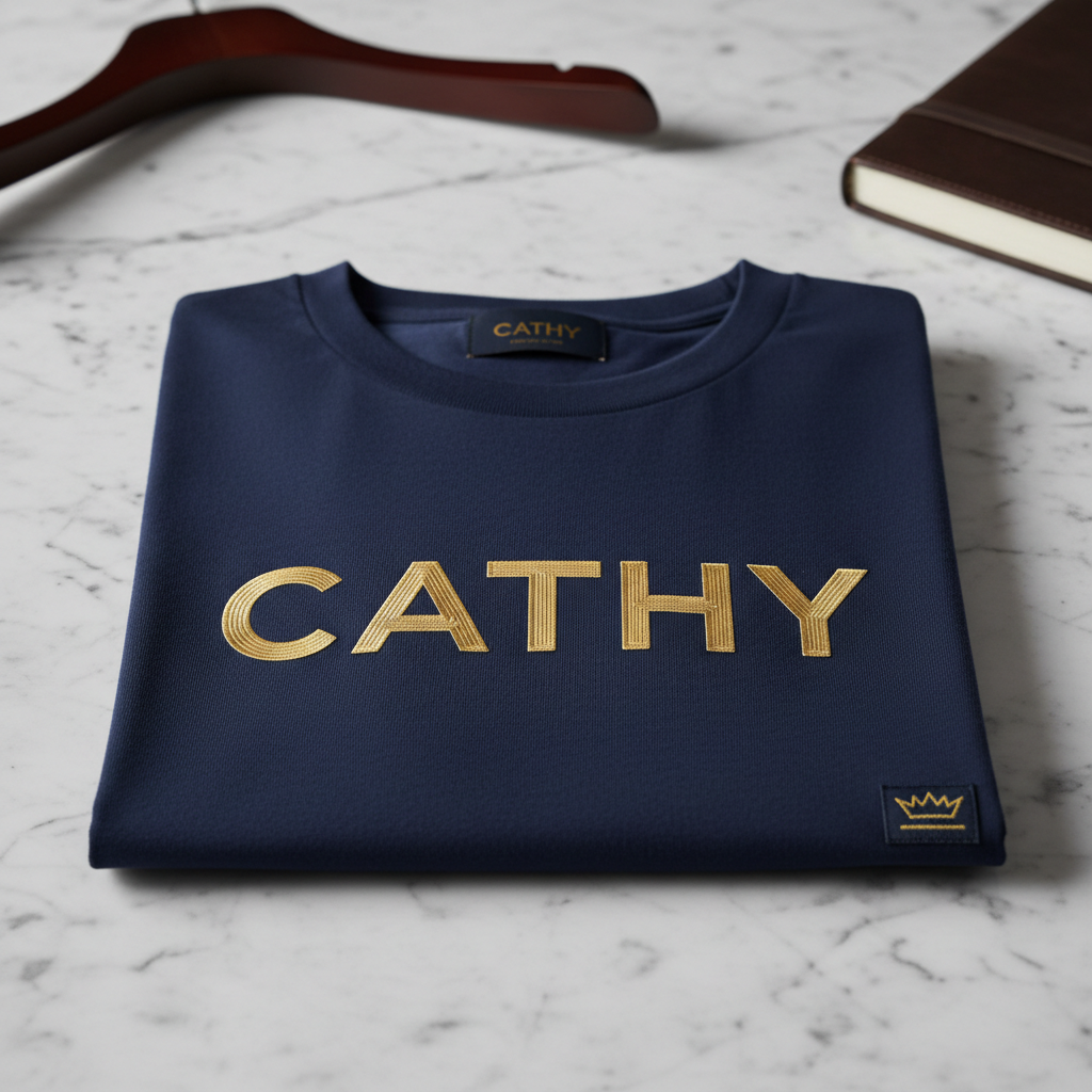 Men's navy blue CATHY logo t-shirt folded on marble