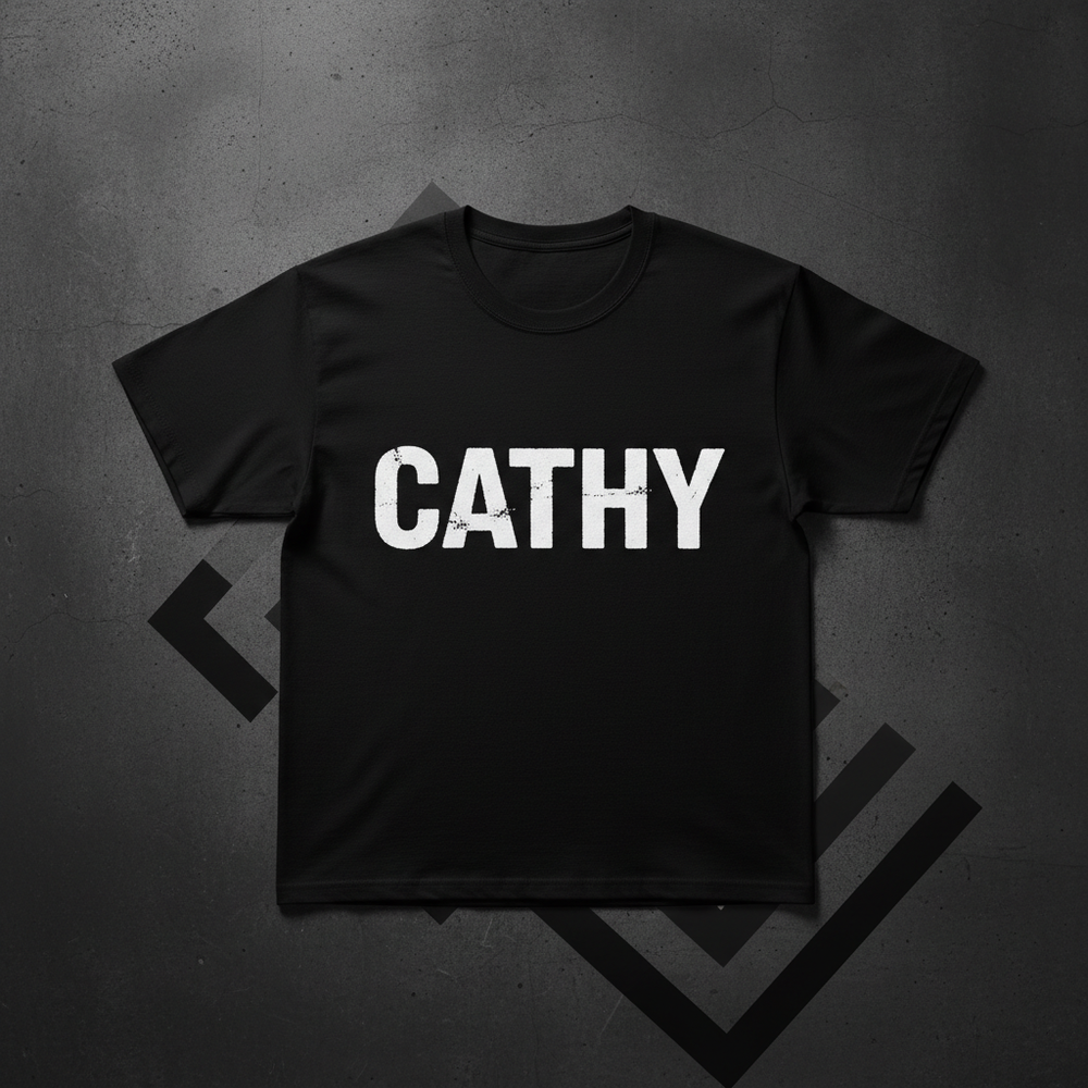Men's black t-shirt with white CATHY logo