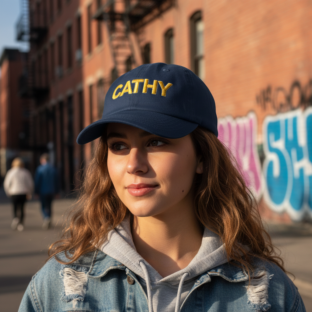 Navy blue CATHY gold logo baseball cap lifestyle photo