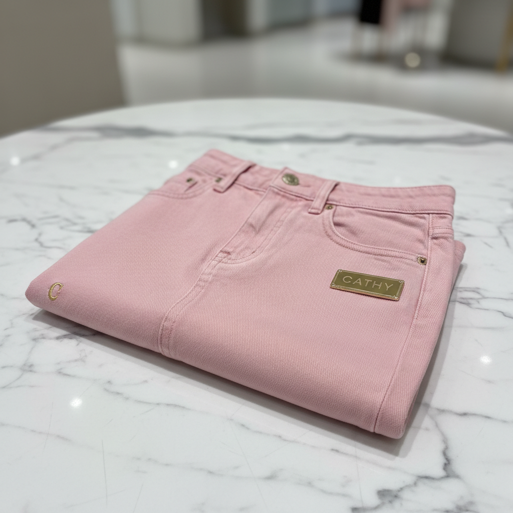 Pink denim CATHY logo mini skirt on marble surface