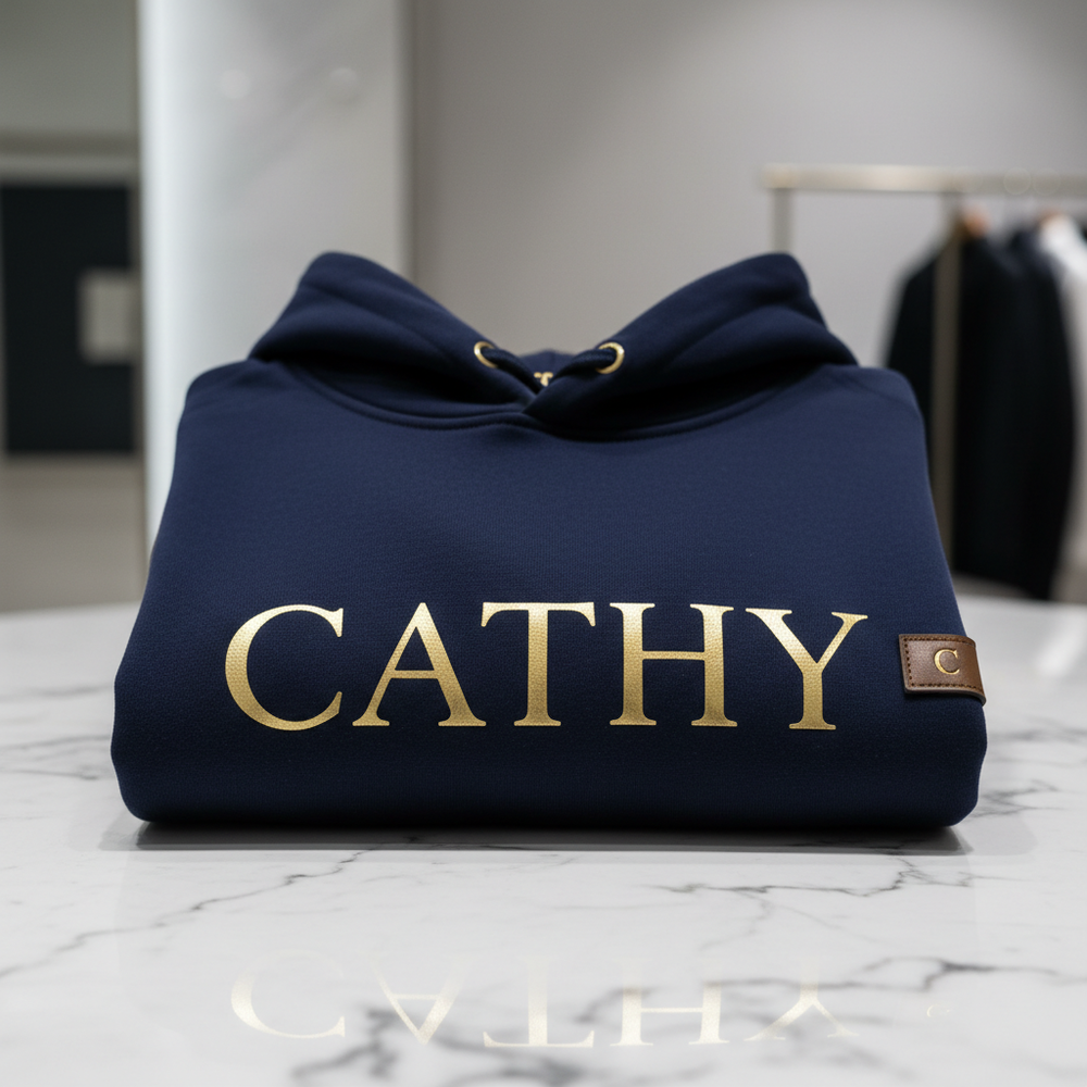 Men's navy blue CATHY logo hoodie folded on marble