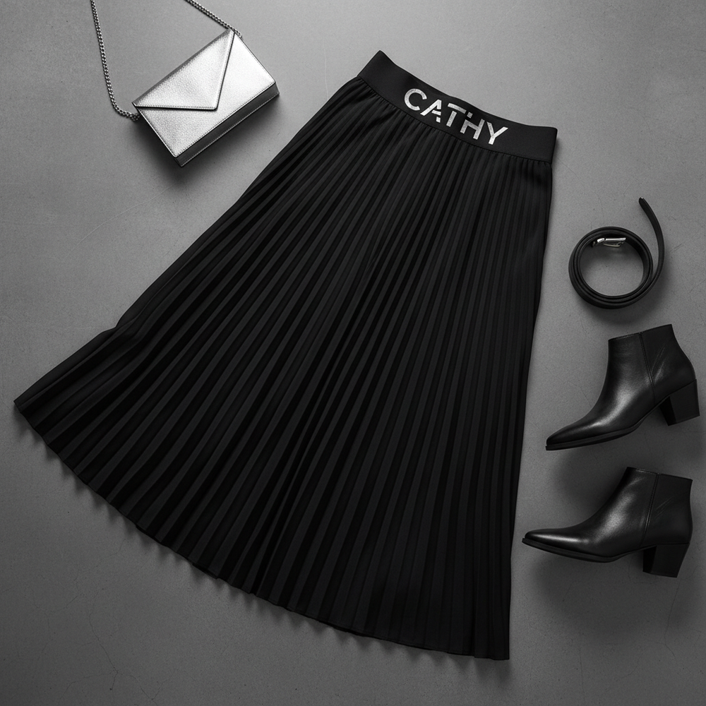 Black CATHY pleated midi skirt flat lay