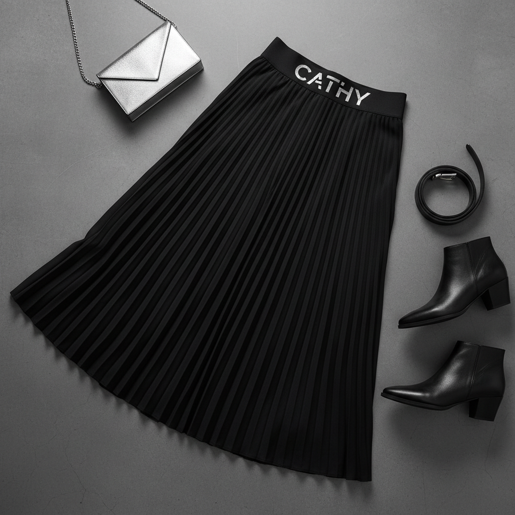 Black CATHY pleated midi skirt flat lay