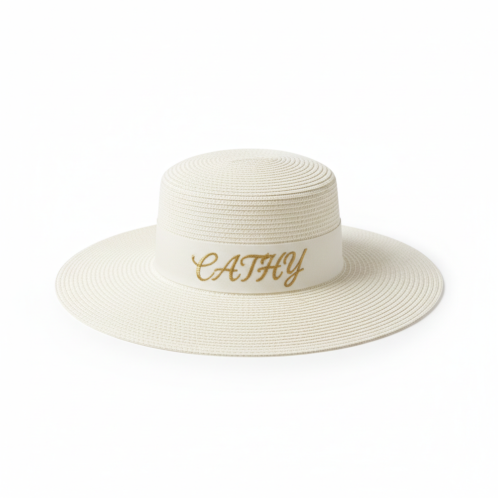 Cream wide brim CATHY logo sun hat flat lay