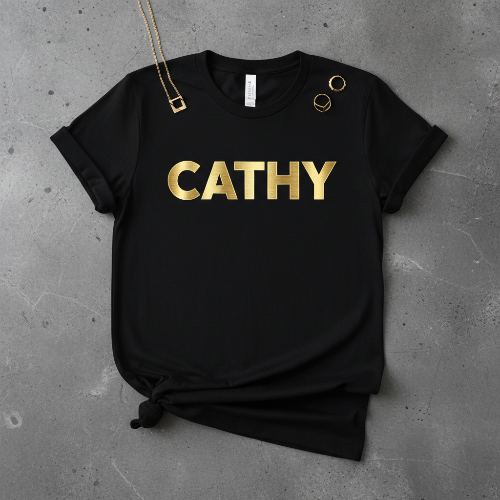 Black t-shirt with gold CATHY logo