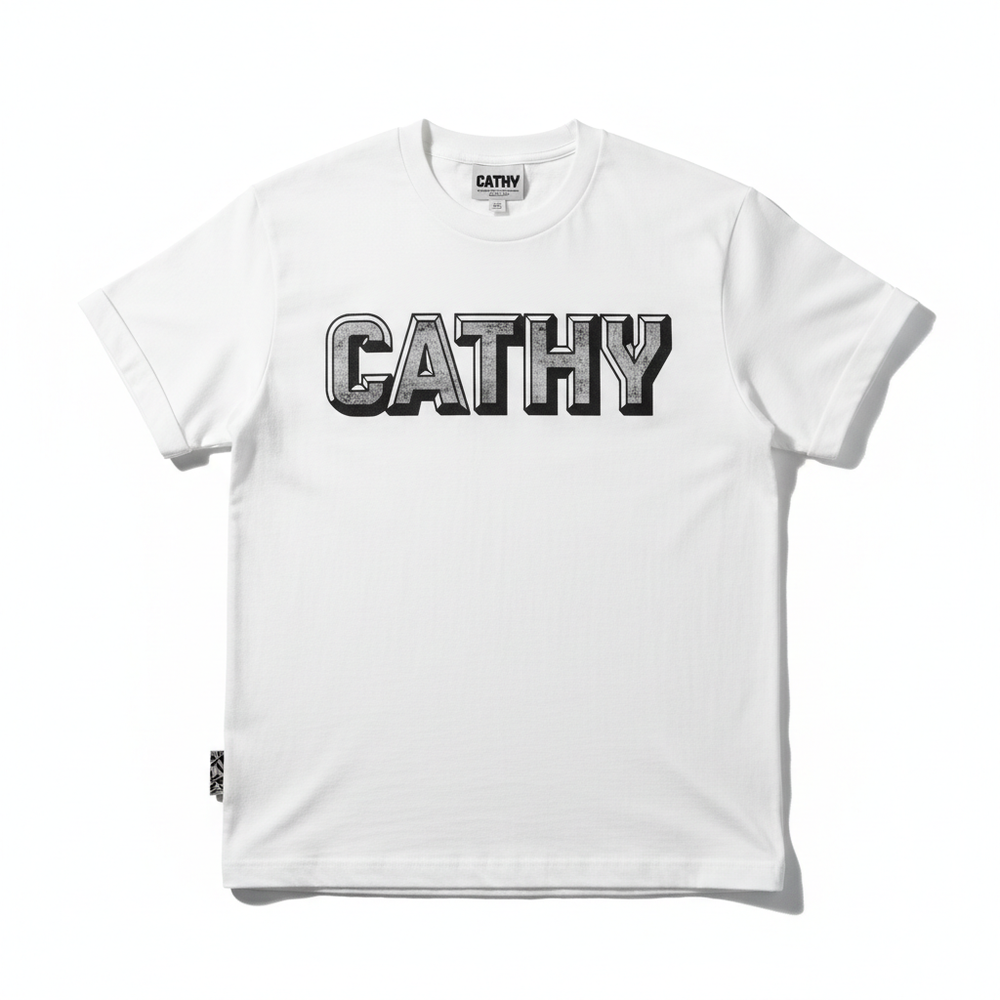 Men's white CATHY logo t-shirt flat lay