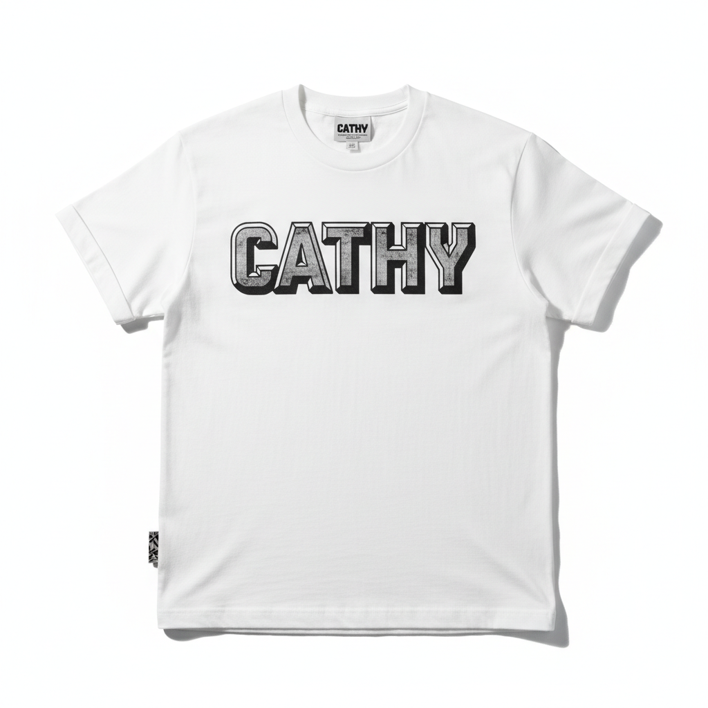 Men's white CATHY logo t-shirt flat lay