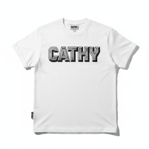 Men's white CATHY logo t-shirt flat lay