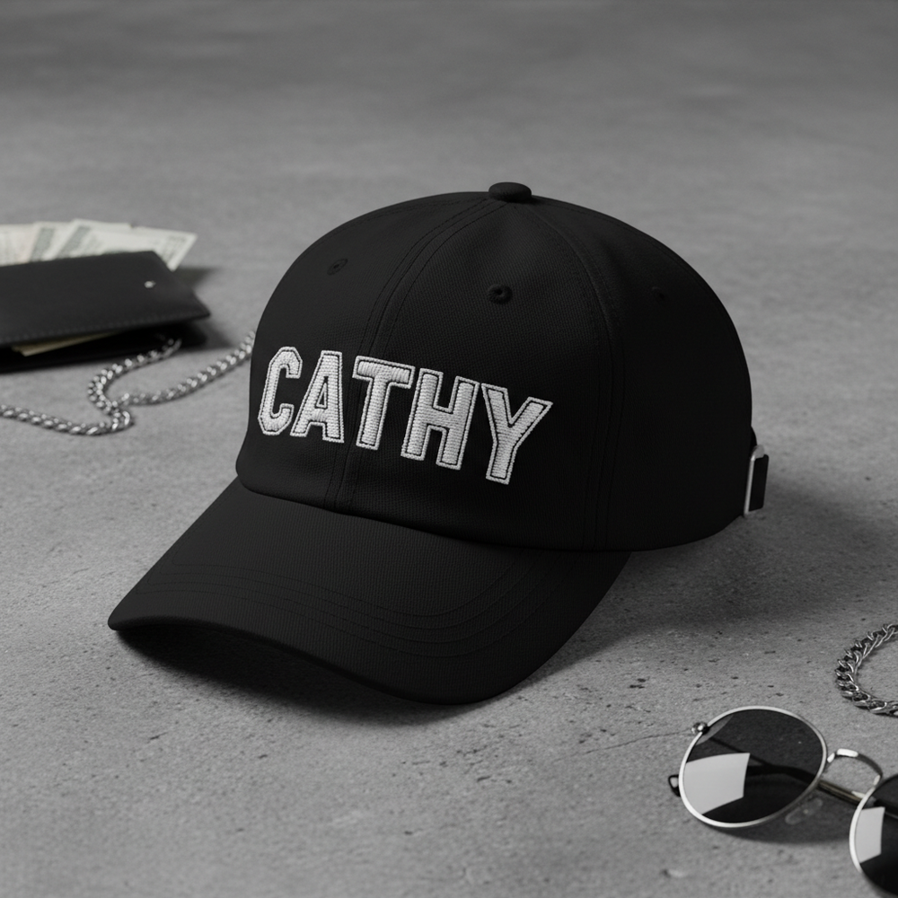 Black CATHY logo dad hat flat lay