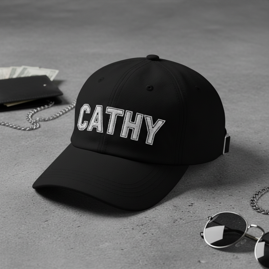 Black CATHY logo dad hat flat lay