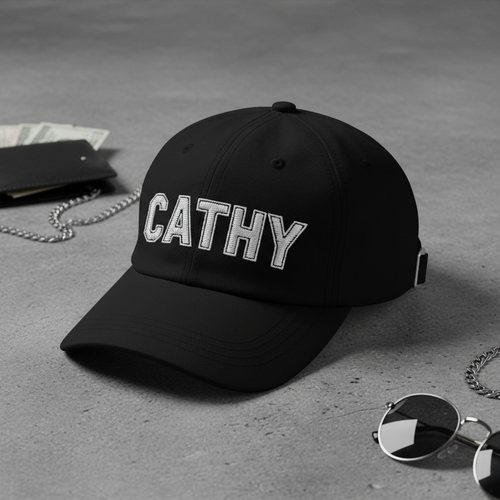 Black CATHY logo dad hat flat lay