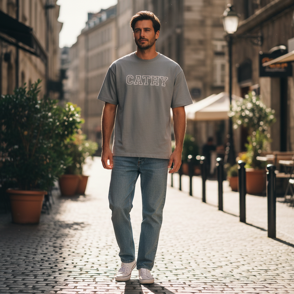 Men's grey oversized CATHY t-shirt lifestyle photo